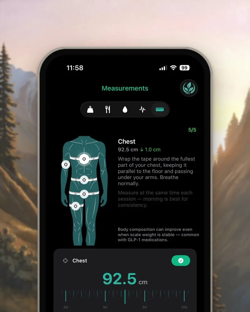 Althea measurements screen with a body map and a chest measurement