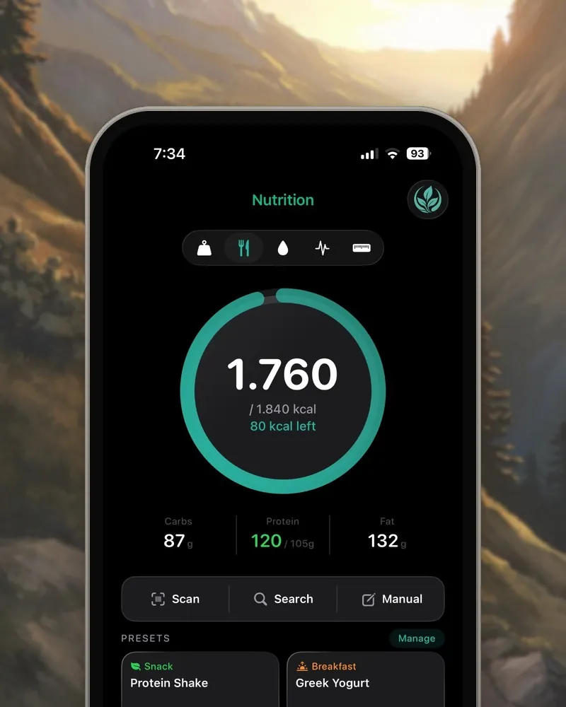 Althea nutrition screen with calories left for the day, protein and meal presets