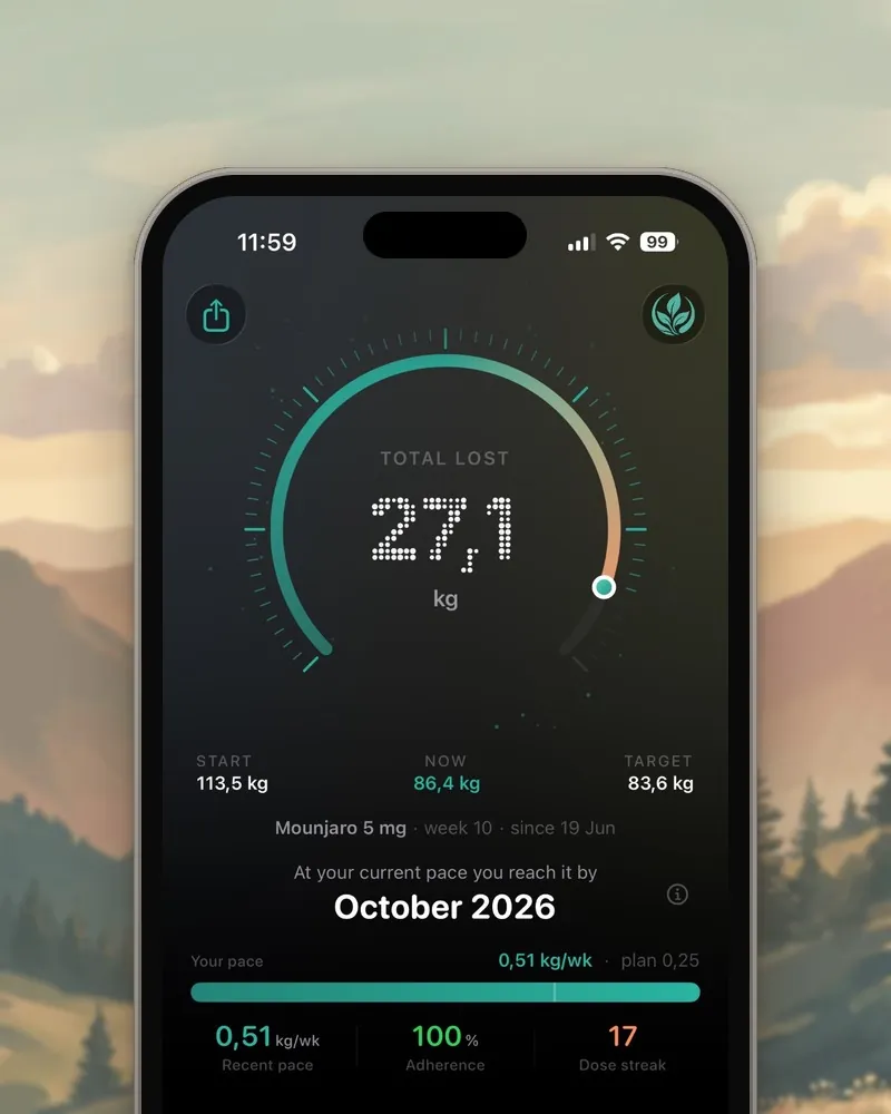 Althea progress screen showing total weight lost and the projected goal date