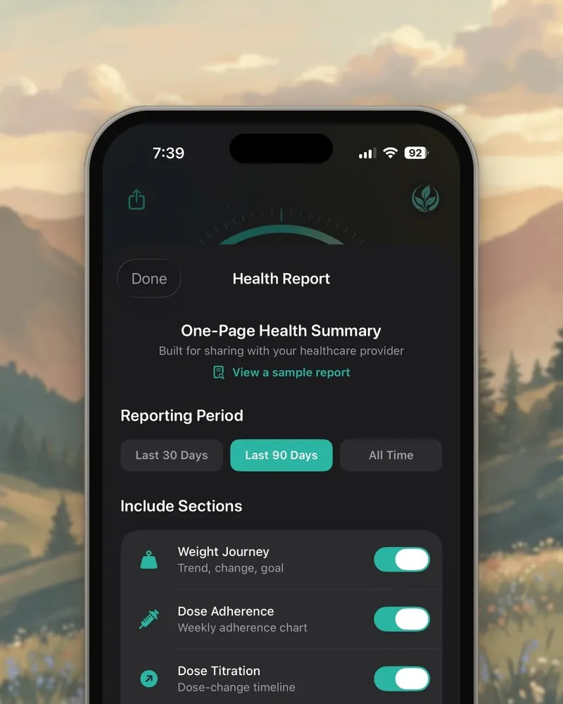 Althea health report screen with the reporting period and sections to include